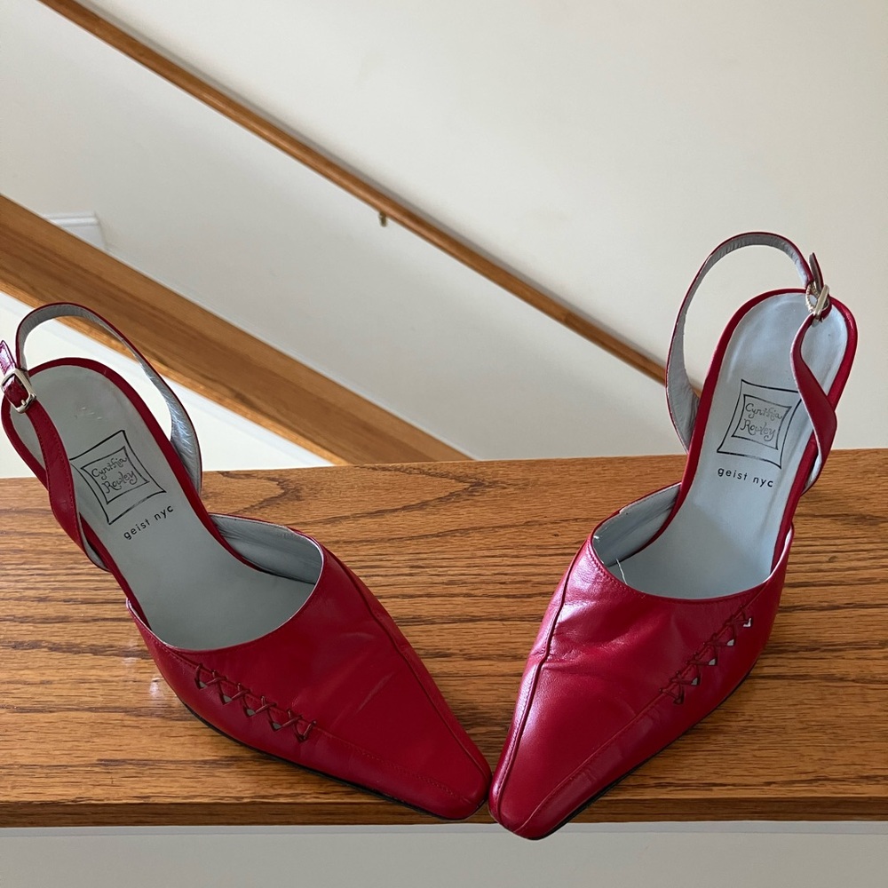 RED LEATHER ITALIAN, sling back ladies shoes; 8 M